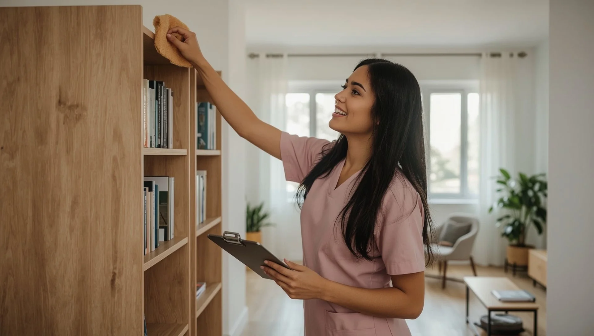 Colombian woman dusting high shelves as part of a home cleaning checklist.