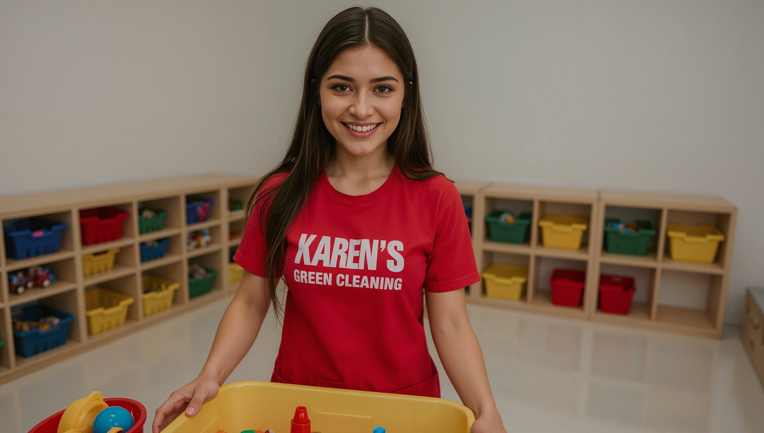 Peruvian cleaner organizing a kids’ playroom in a North End St. Paul home.
