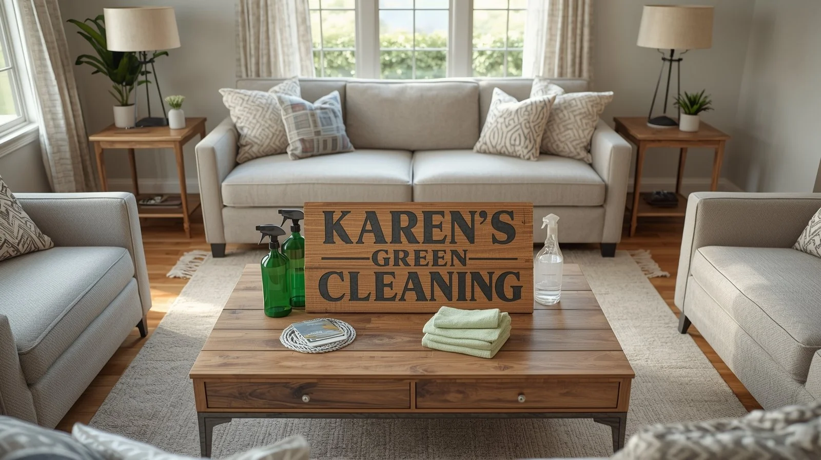 Freshly cleaned living room with Karen’s Green Cleaning sign and supplies in Longfellow Minneapolis home