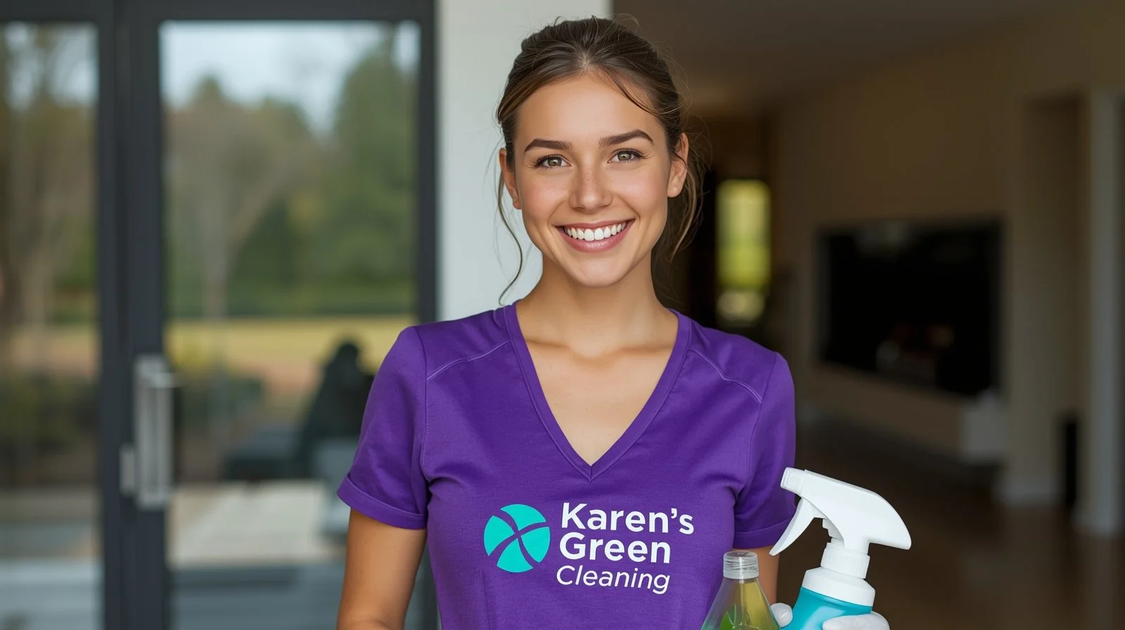 Freckled female cleaner in purple Karen’s Green Cleaning uniform at Roseville Muriel Sahlin Arboretum.