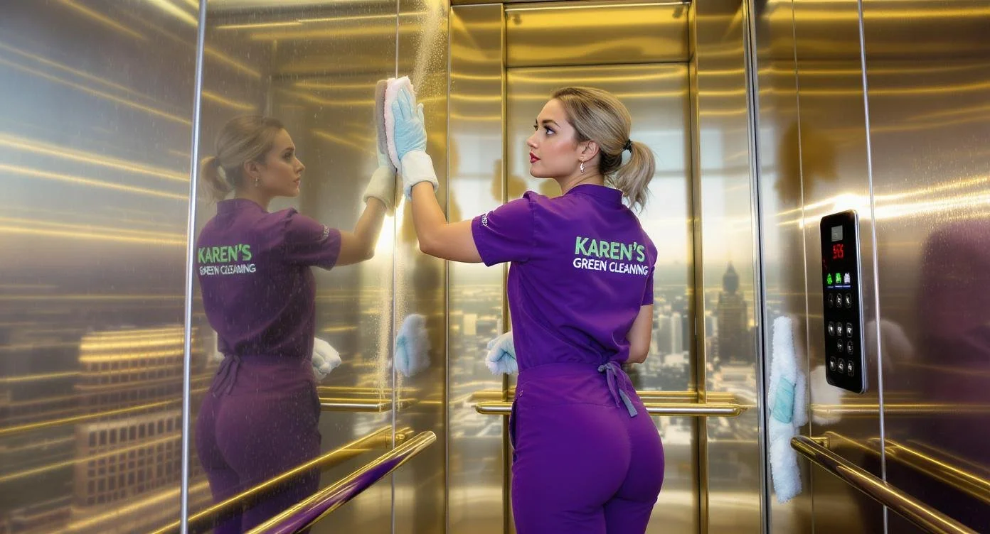 Caucasian cleaning professional in purple scrubs polishing golden elevator doors in a high-rise luxury building.