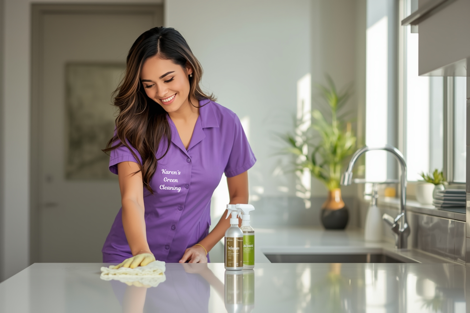 Woman polishing a modern kitchen counter inside a Lonsdale home using green cleaning products