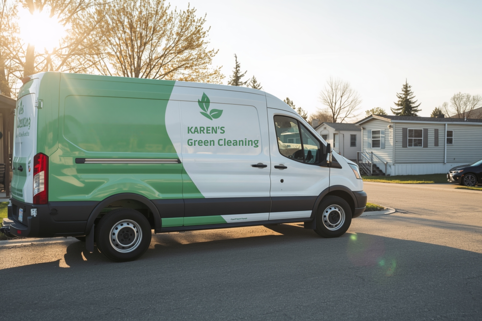 Exterior view of a mobile-home park in Hilltop Minnesota with a professional green cleaning van in front
