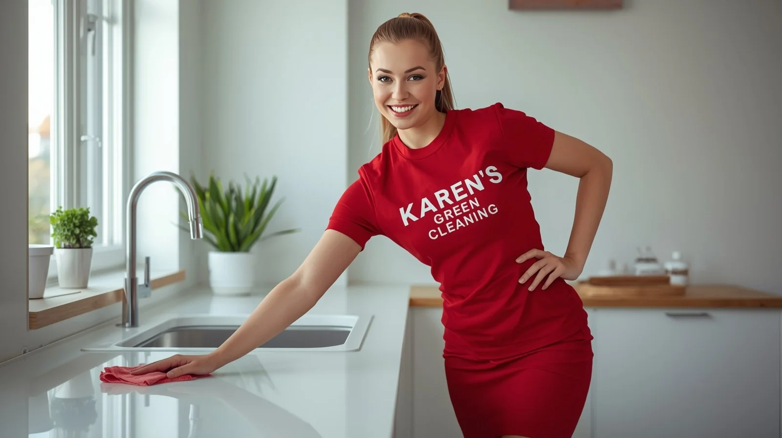 Joyful Swedish woman in red uniform performing kitchen cleaning services in Lind-Bohanon Minneapolis home.