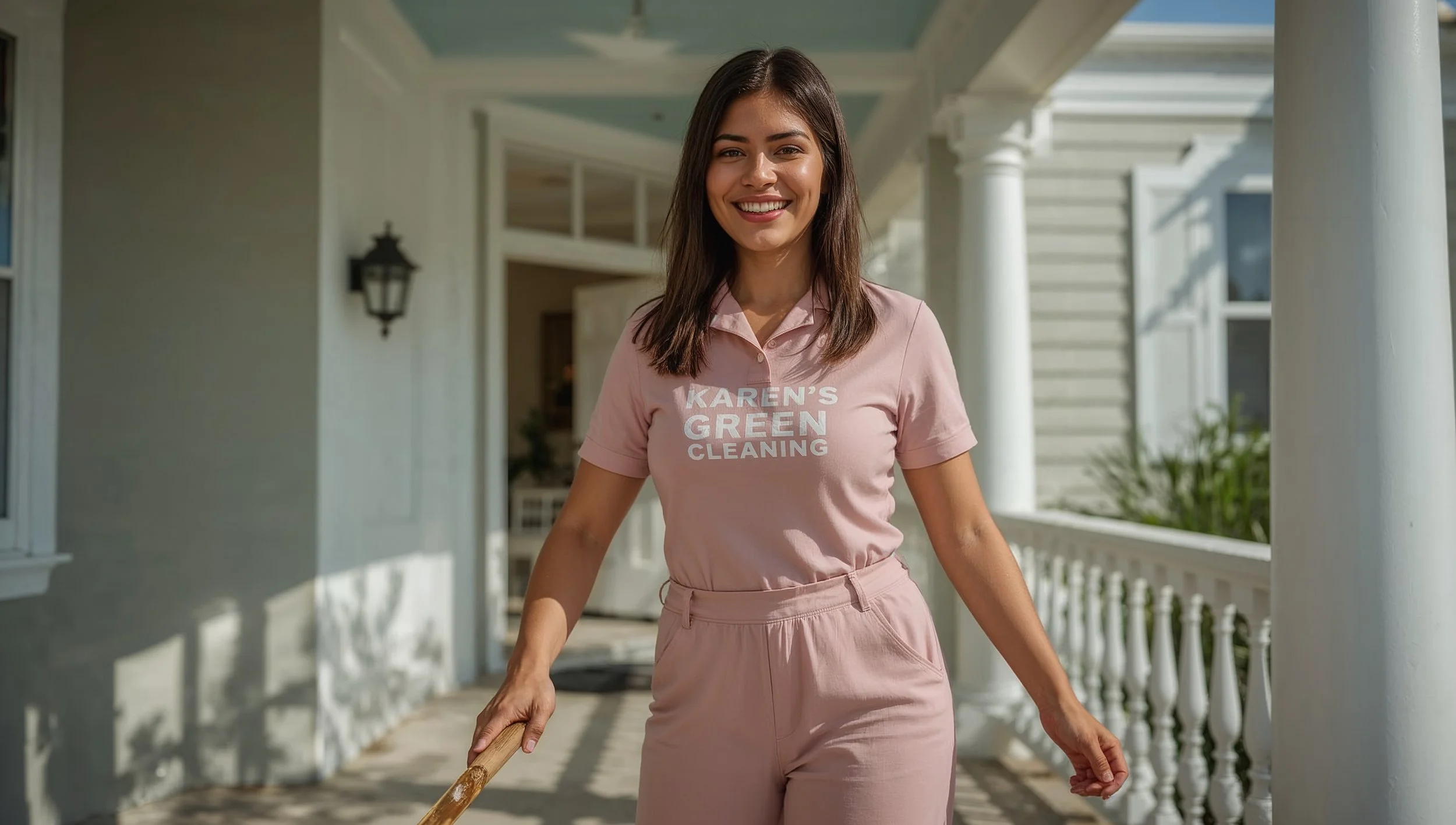 Honduran woman sweeping a Mount Airy St. Paul front porch wearing Karen’s Green Cleaning uniform.