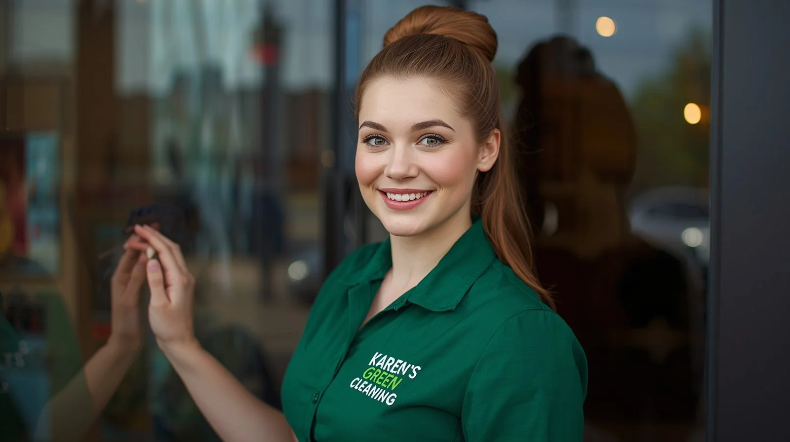 Radiant white American cleaner from Karen’s Green Cleaning cleaning a boutique storefront near 50th & France