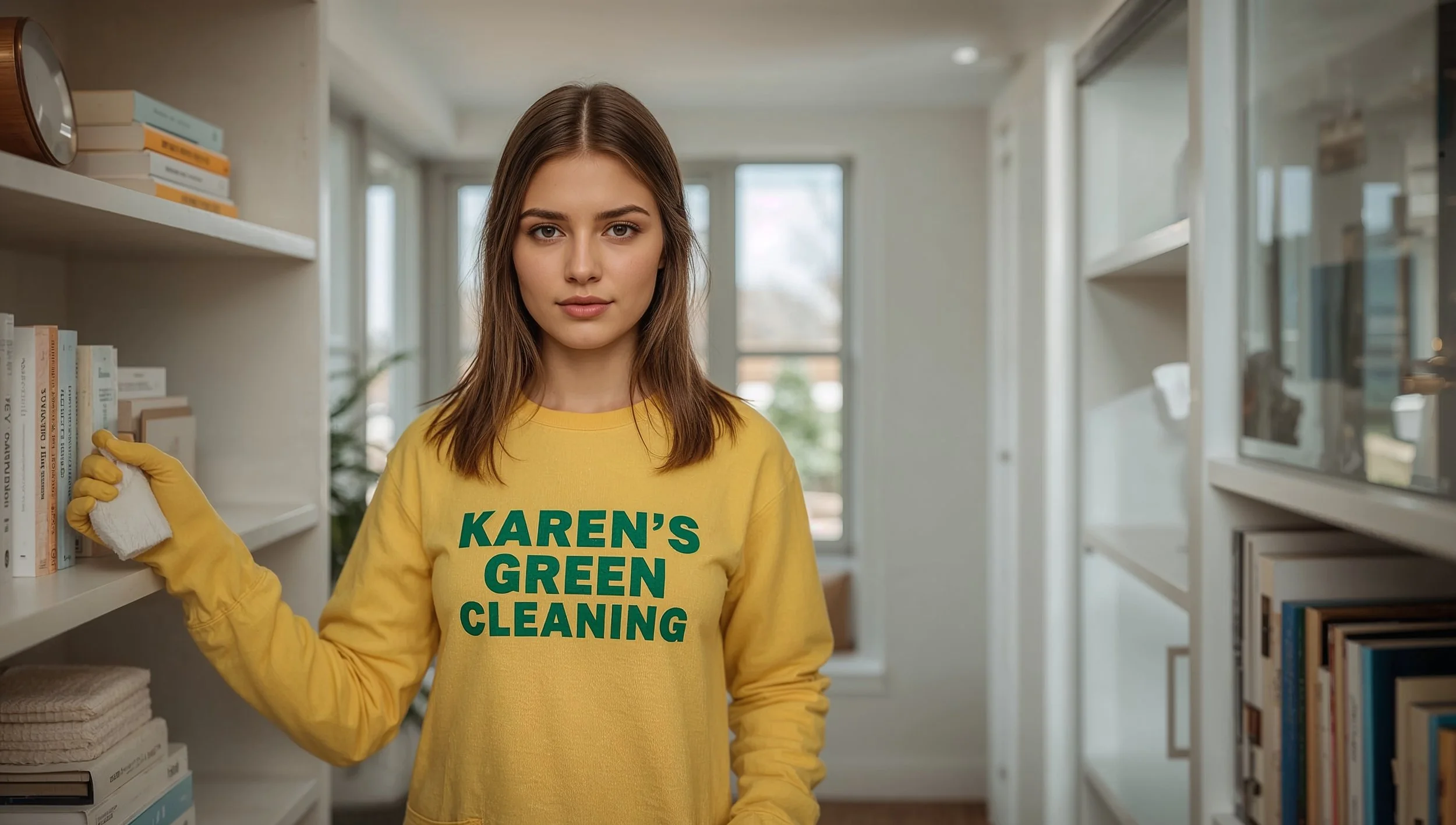 Russian professional cleaner from Karen’s Green Cleaning dusting a home office in South St. Anthony Park St. Paul