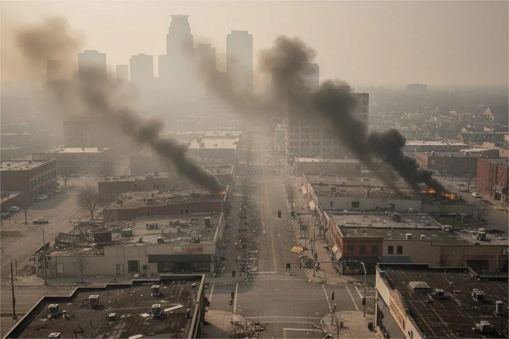 “Aerial view of Lake Street and Hiawatha Avenue during Minneapolis unrest.”