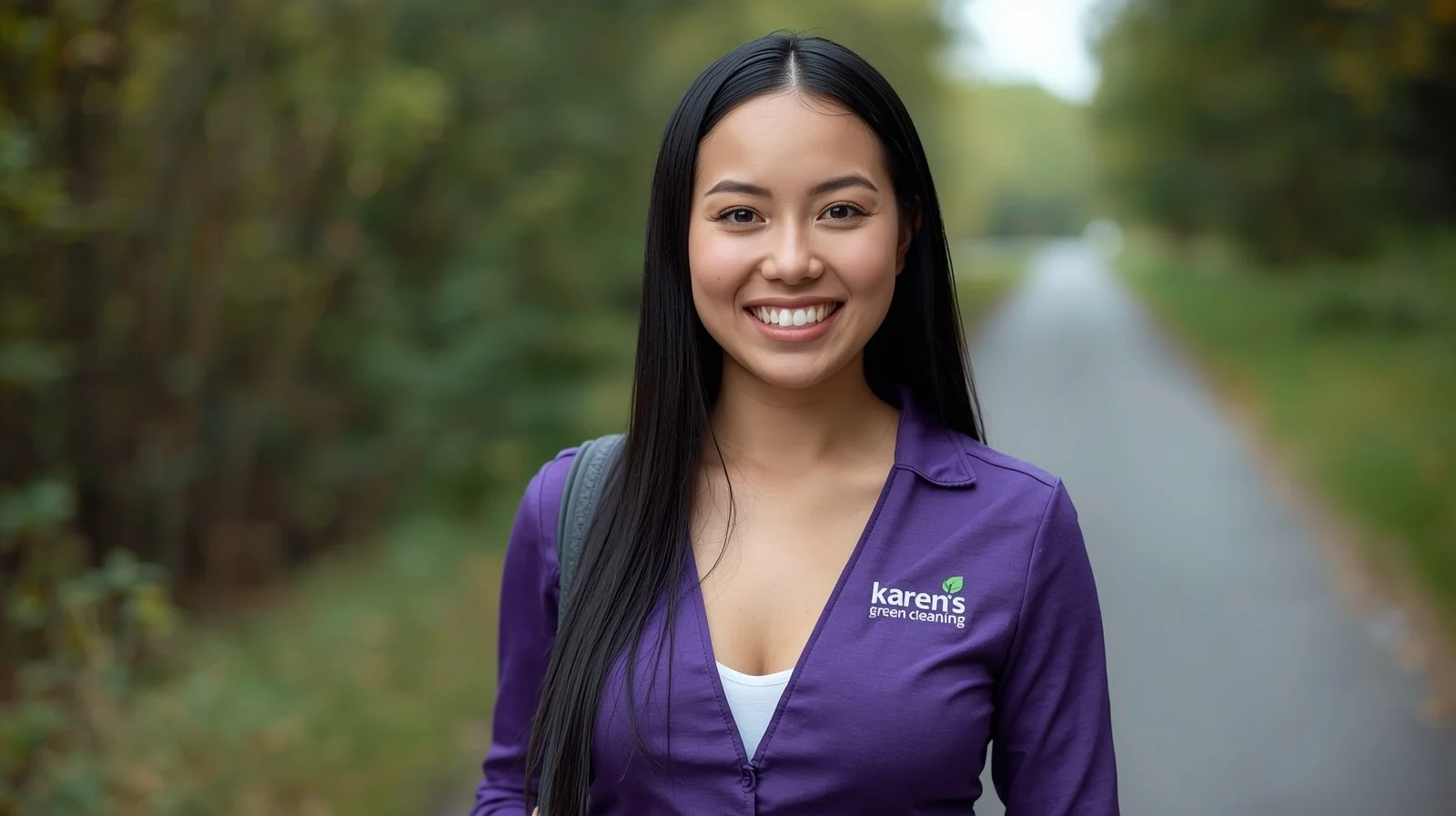 Black-haired cleaner in Karen’s Green Cleaning uniform vacuuming along Otsego trail in an eco-friendly theme.