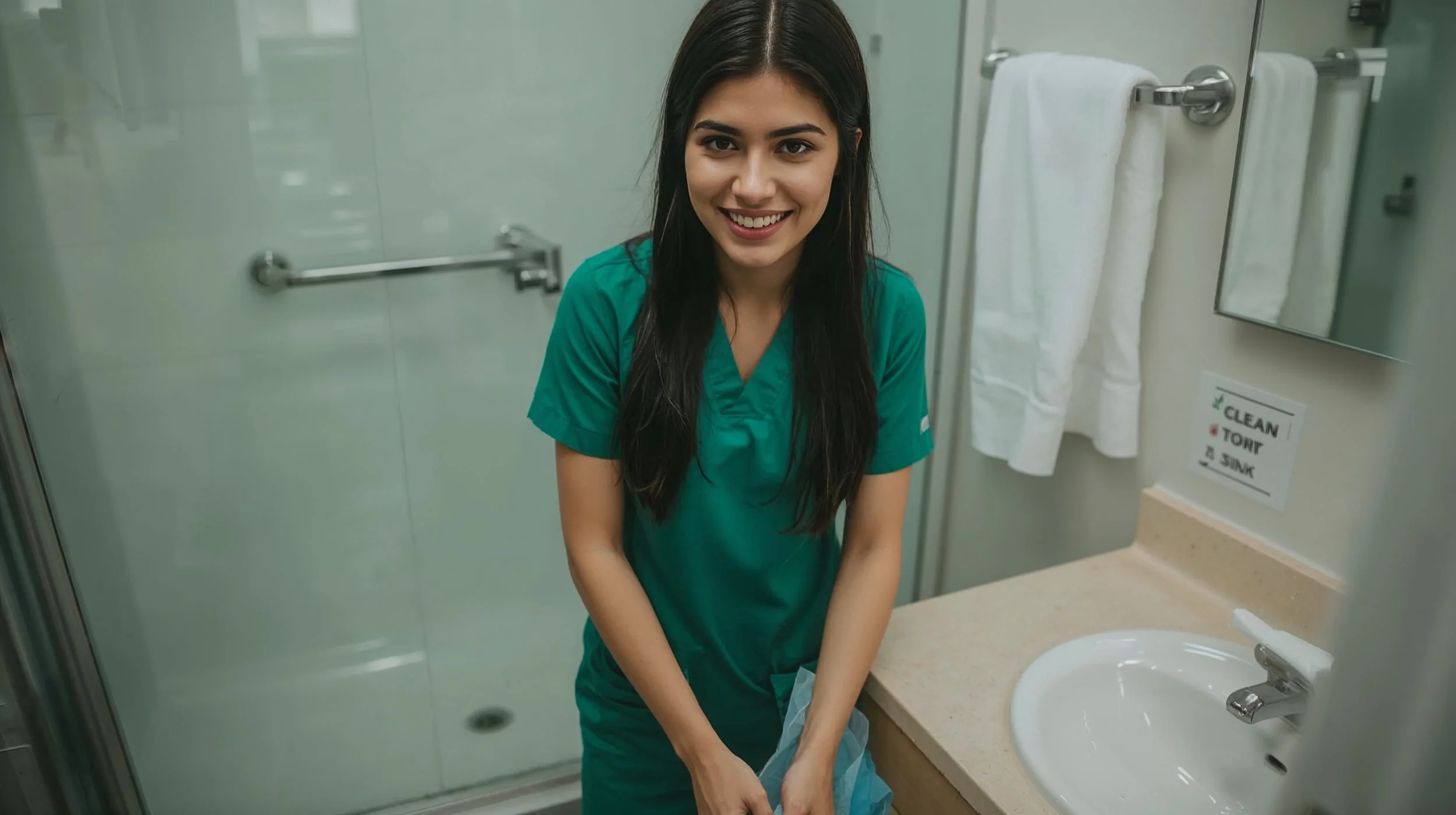 Guatemalan cleaner scrubbing a bathroom toilet during a basic home cleaning checklist.