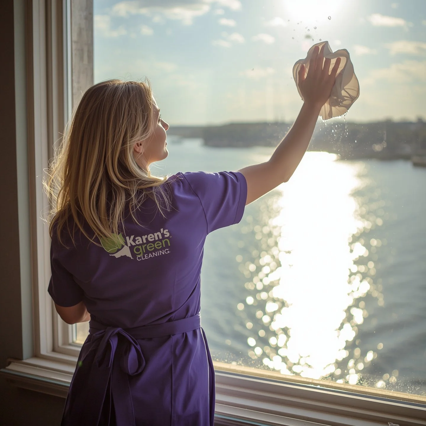 "Cleaner in purple Karen’s Green Cleaning uniform cleaning a picture window overlooking the Crow River in Watertown, Minnesota."