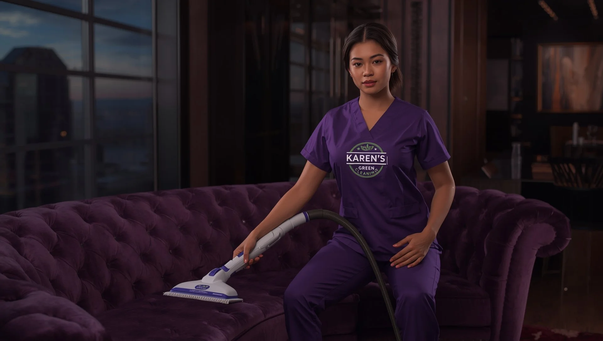 Pacific Islander cleaning professional in purple Karen’s Green Cleaning uniform steam-cleaning a sofa with logo visible.