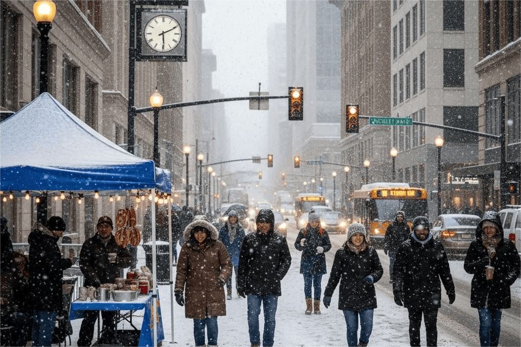 People in Minnesota living daily life during heavy snowfall, with snow-covered streets, homes, and winter activities in 4K realism.