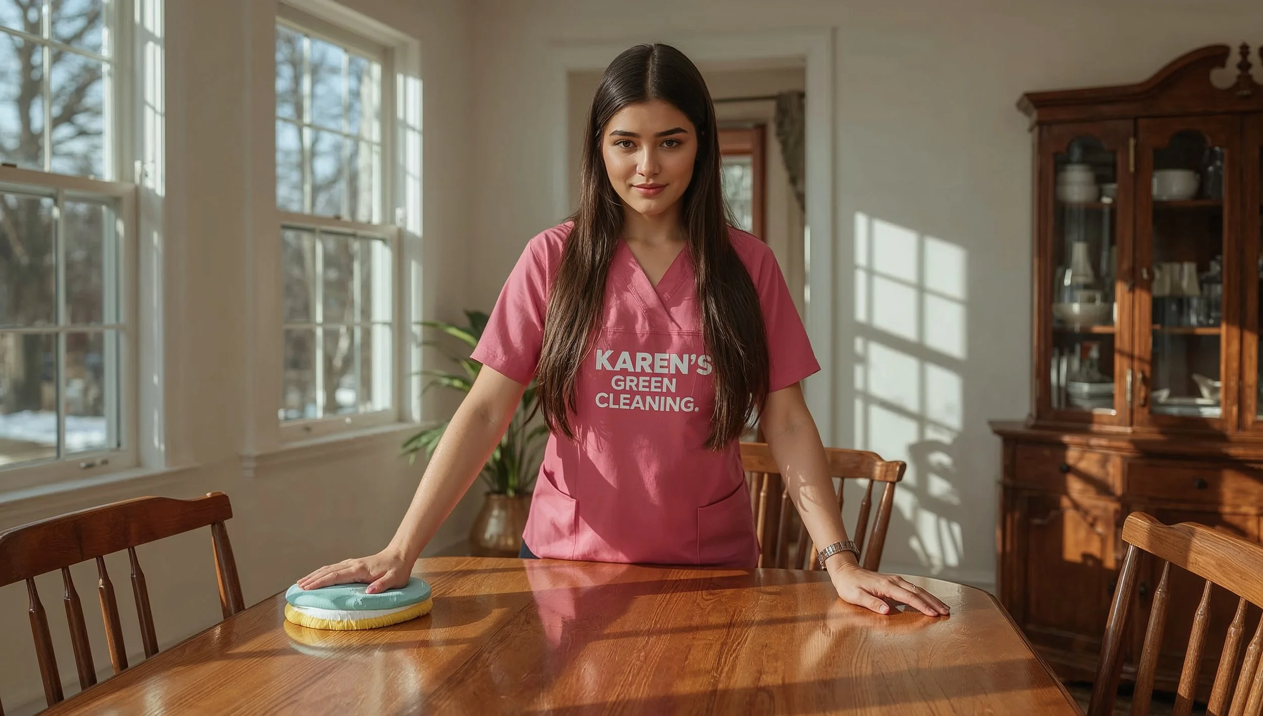 Russian cleaner from Karen’s Green Cleaning polishing a dining table in a Riverview St. Paul home.