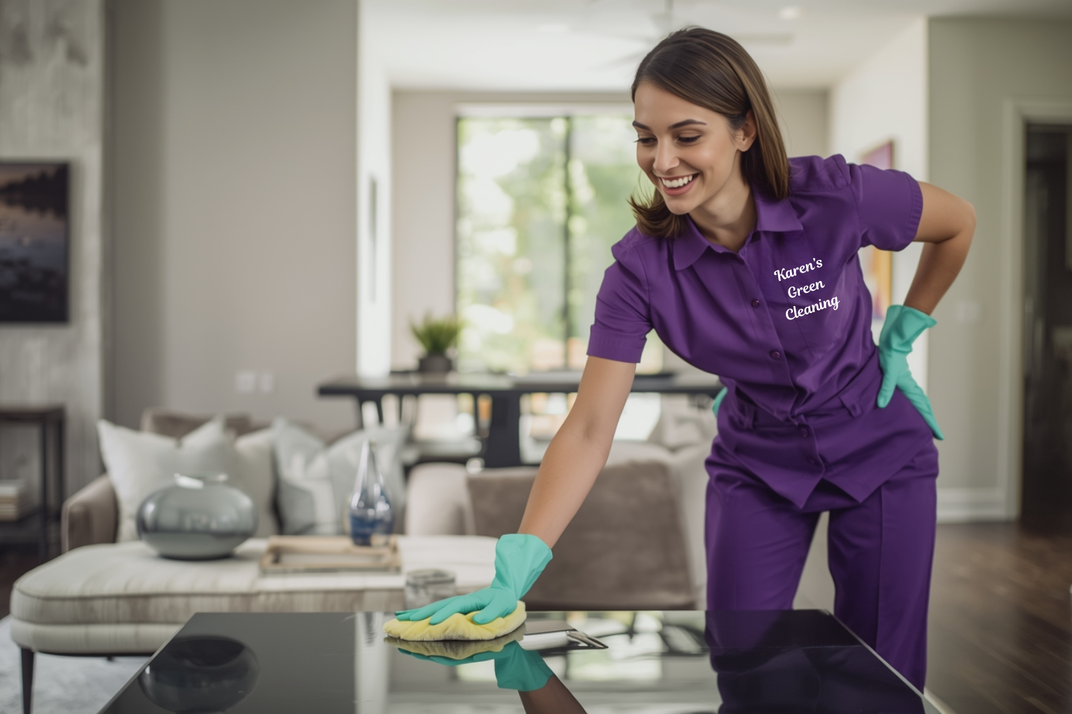 Karen’s Green Cleaning professional polishing a coffee table in a living room.