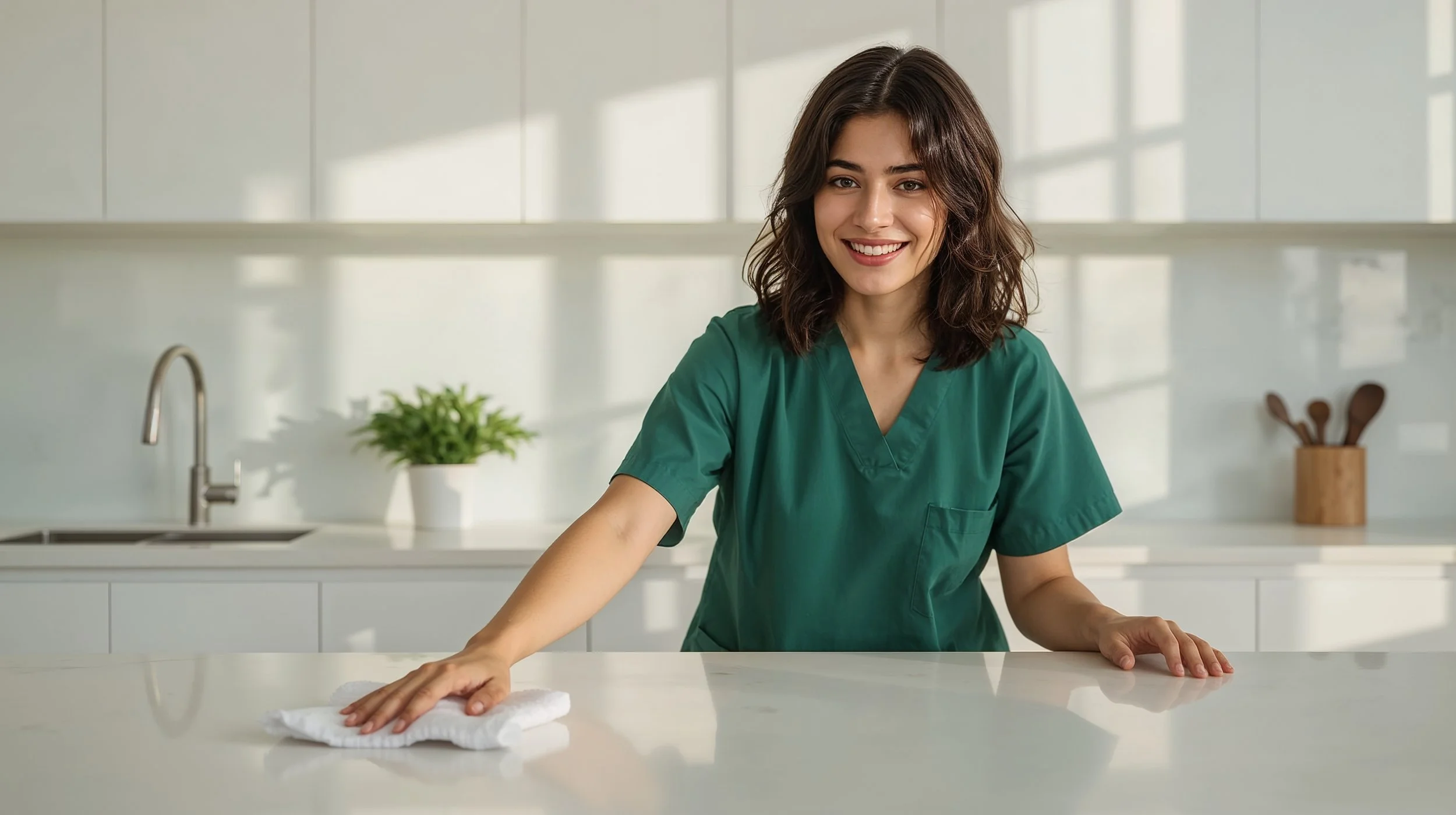 Venezuelan cleaner wiping kitchen counters during a basic home cleaning routine.
