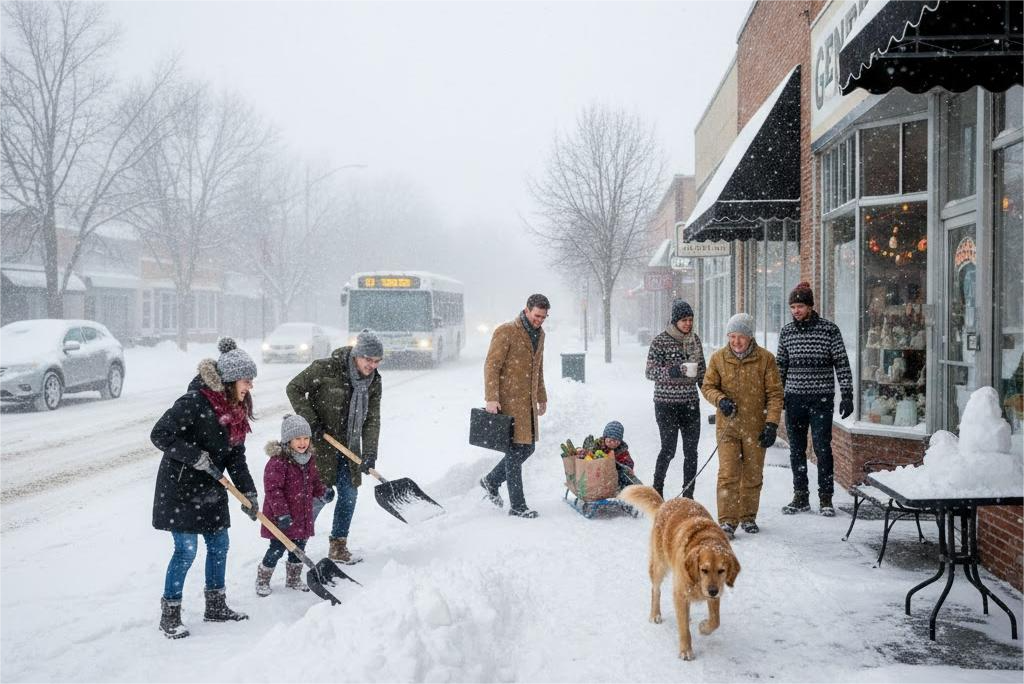 Minnesota residents commuting on snowy streets, bundled in winter clothes, with cars and buildings covered in snow, 4K realism.