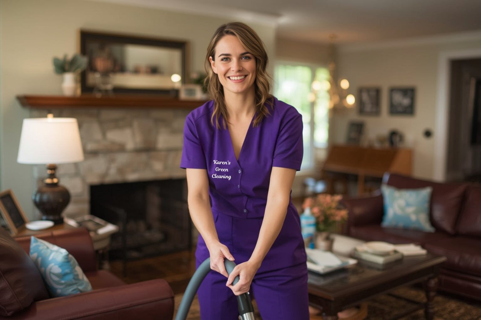 Female cleaner vacuuming a Midwest-style New Prague living room in a purple uniform.