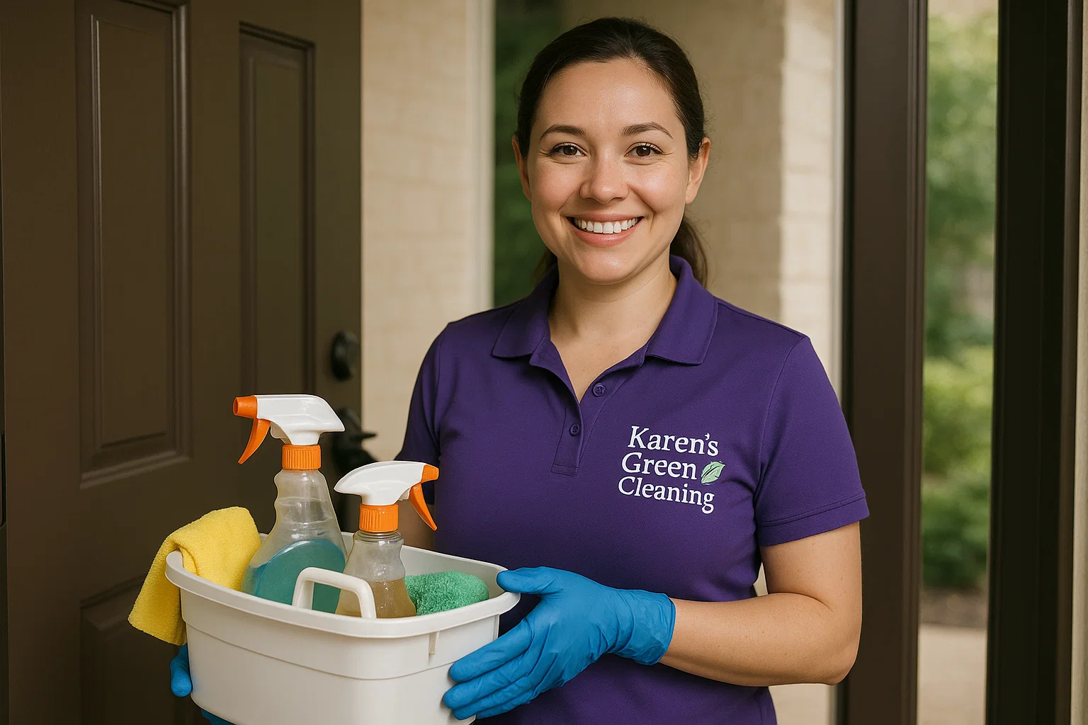 Cleaner in purple uniform greeting a client at the door.