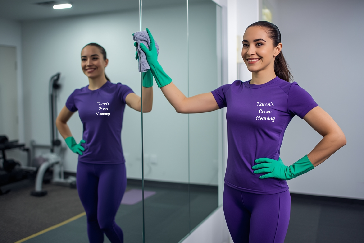Karen’s Green Cleaning professional cleaning gym mirrors and equipment.