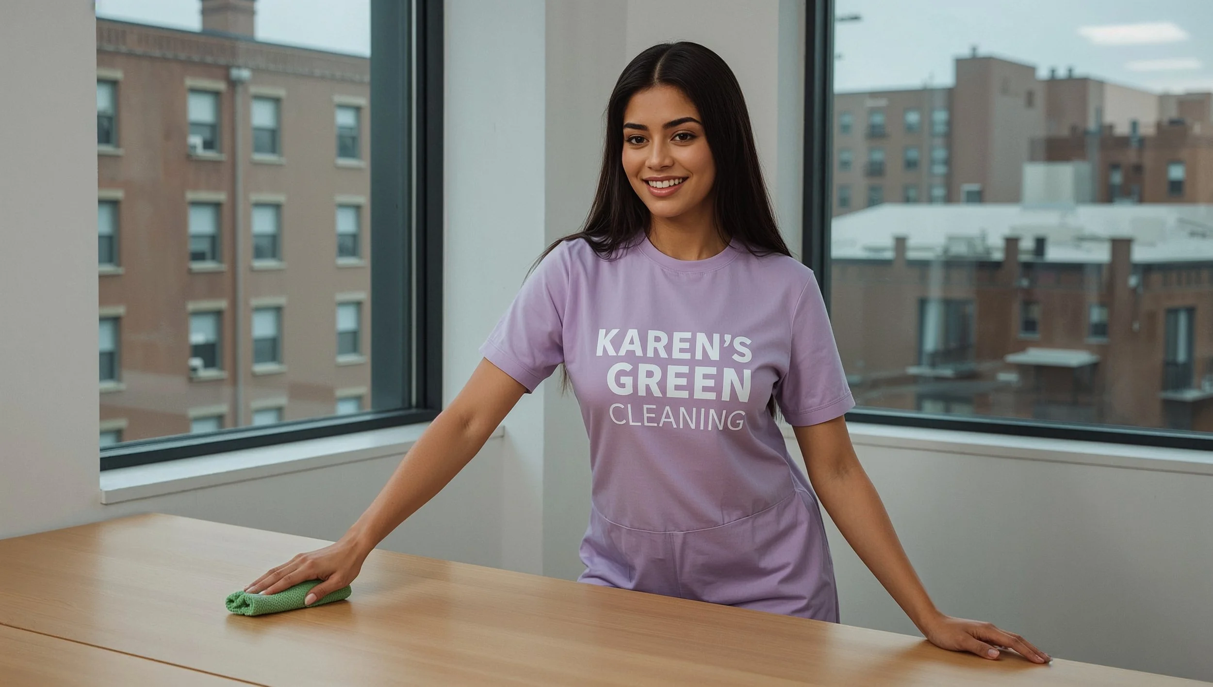 Beautiful Peruvian cleaner polishing wood furniture inside a Longfellow Minneapolis office.