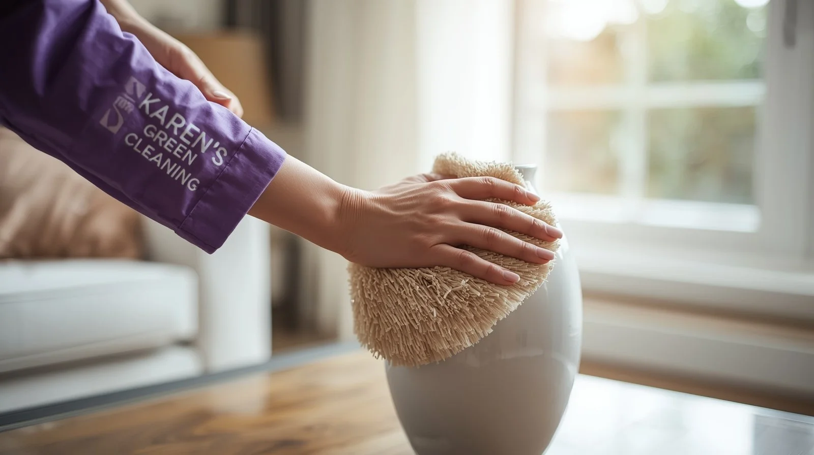 Close-up of Karen’s Green Cleaning professional dusting a decorative vase in a living room.