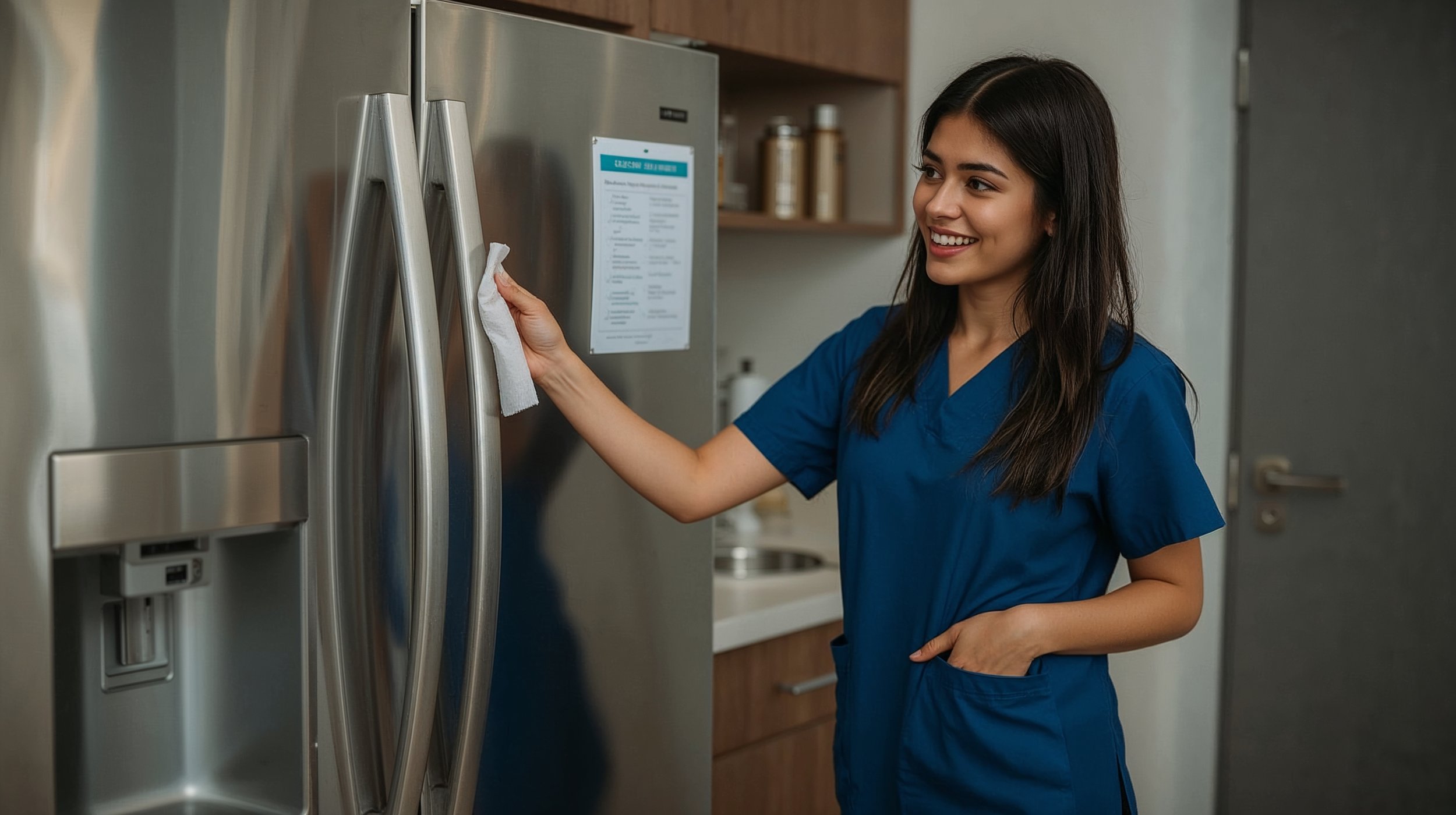 Salvadorean woman cleaning apartment appliances as part of a cleaning checklist.