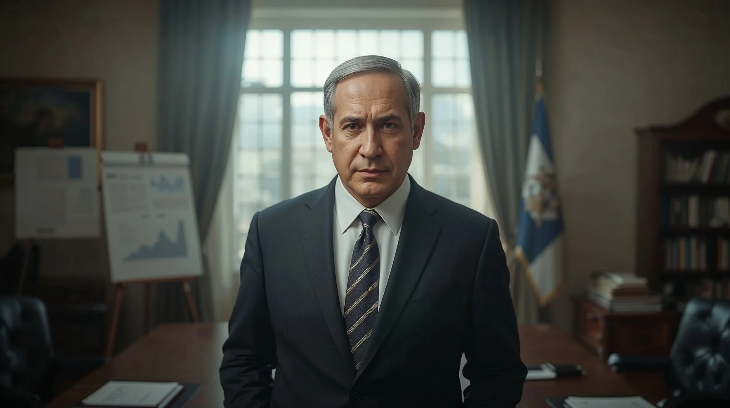 Benjamin Netanyahu portrayed in a professional government office setting symbolizing leadership and net worth analysis