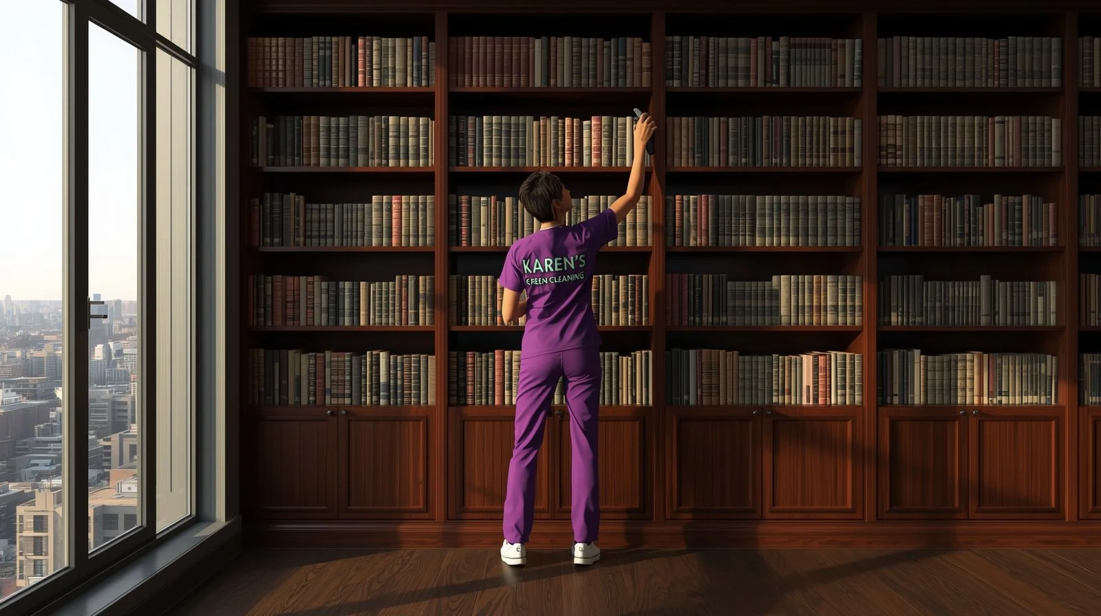East Asian cleaning professional in purple scrubs dusting tall shelves in a luxury penthouse library.