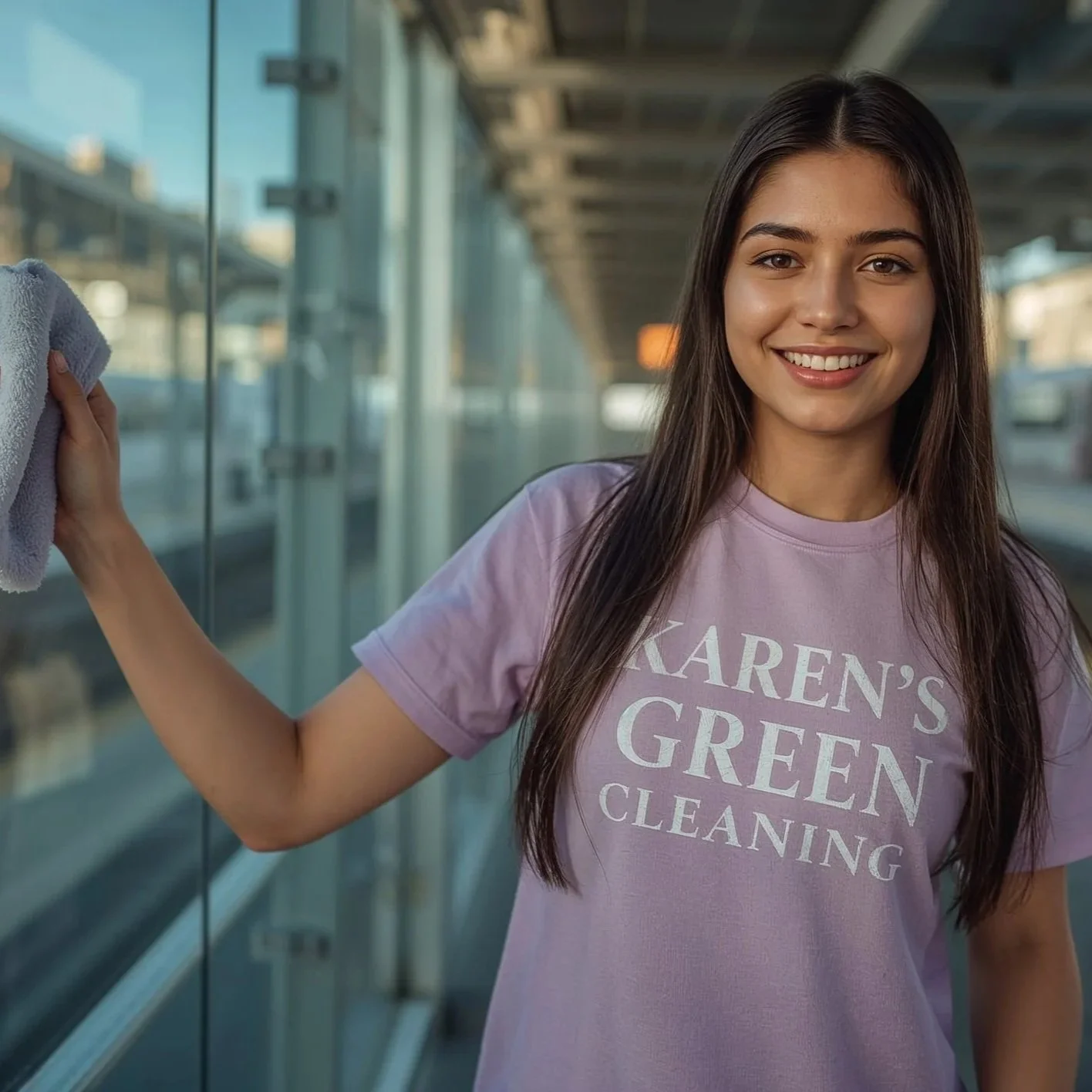 Young Latina cleaner scrubbing a glass railing near the Hiawatha Light Rail station in Minneapolis.
