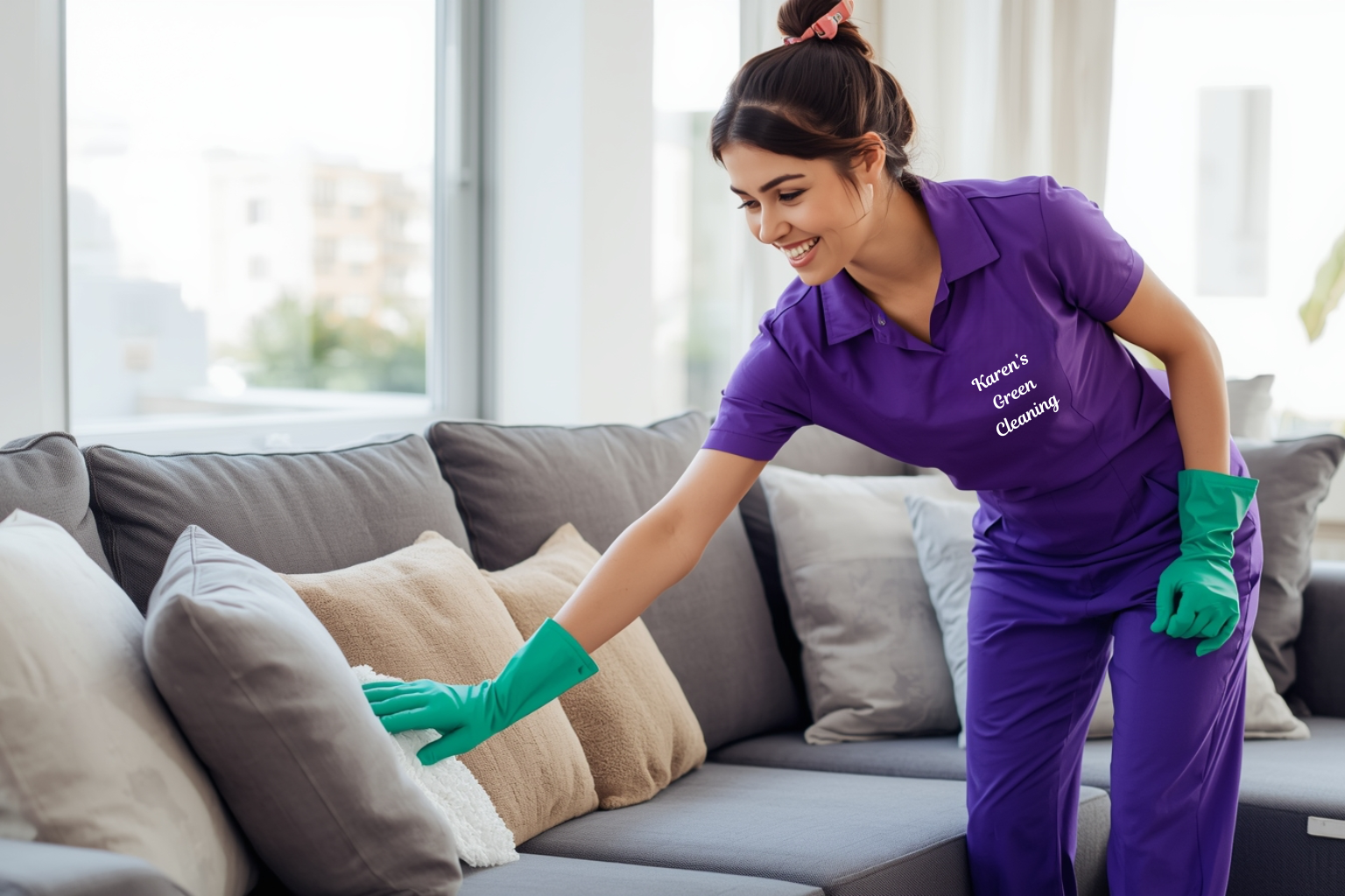 Karen’s Green Cleaning professional refreshing sofa cushions in a living room.