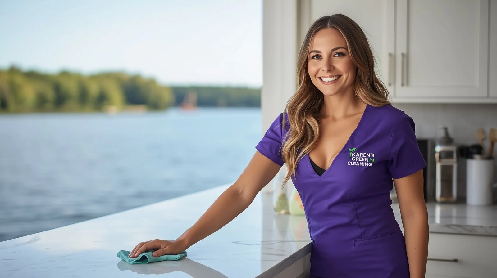 Female cleaner in purple uniform cleaning a kitchen near White Bear Lake in Mahtomedi.