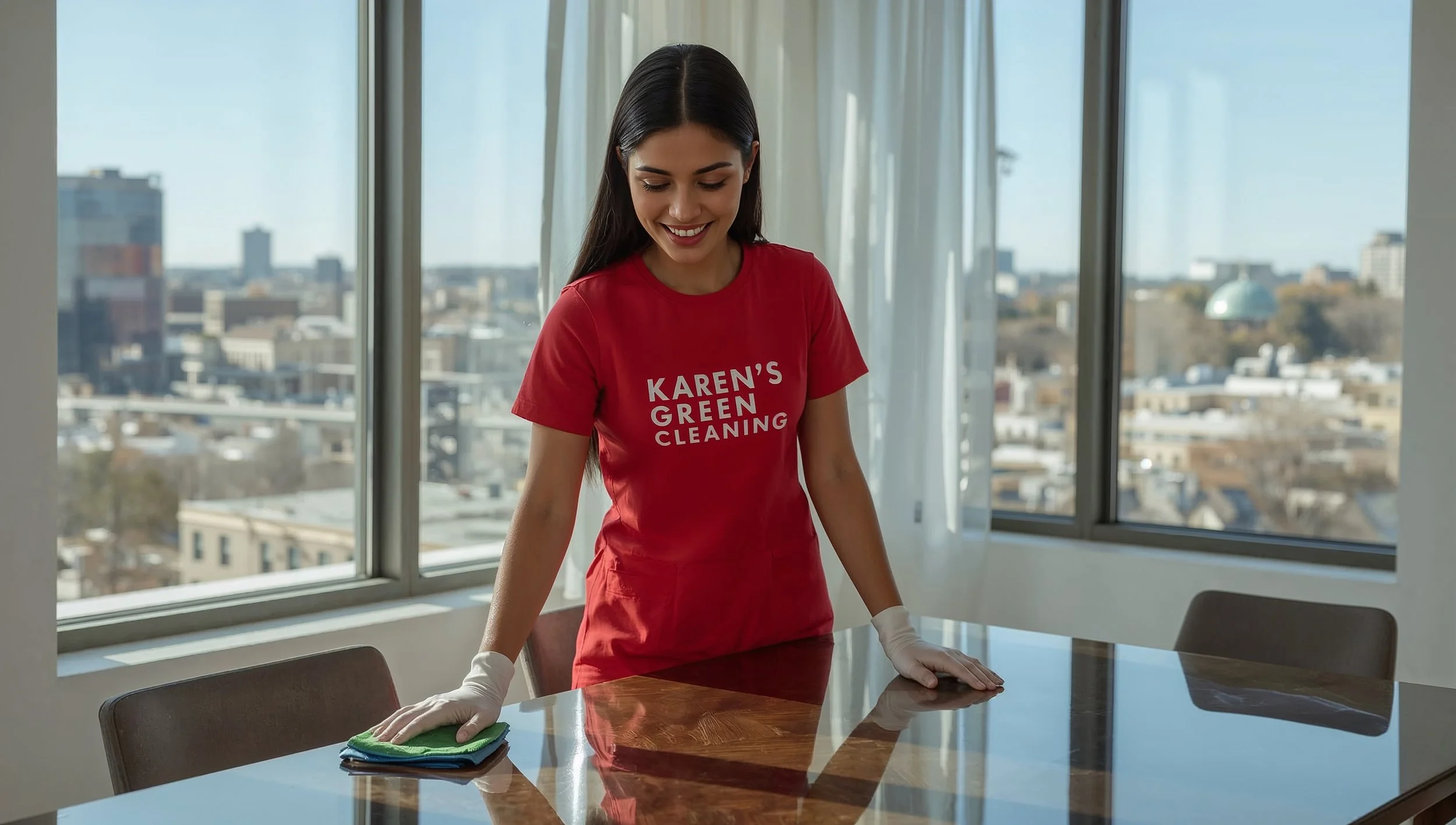 Joyful Karen’s Green Cleaning professional cleaning a dining room with Robert Street Bridge view