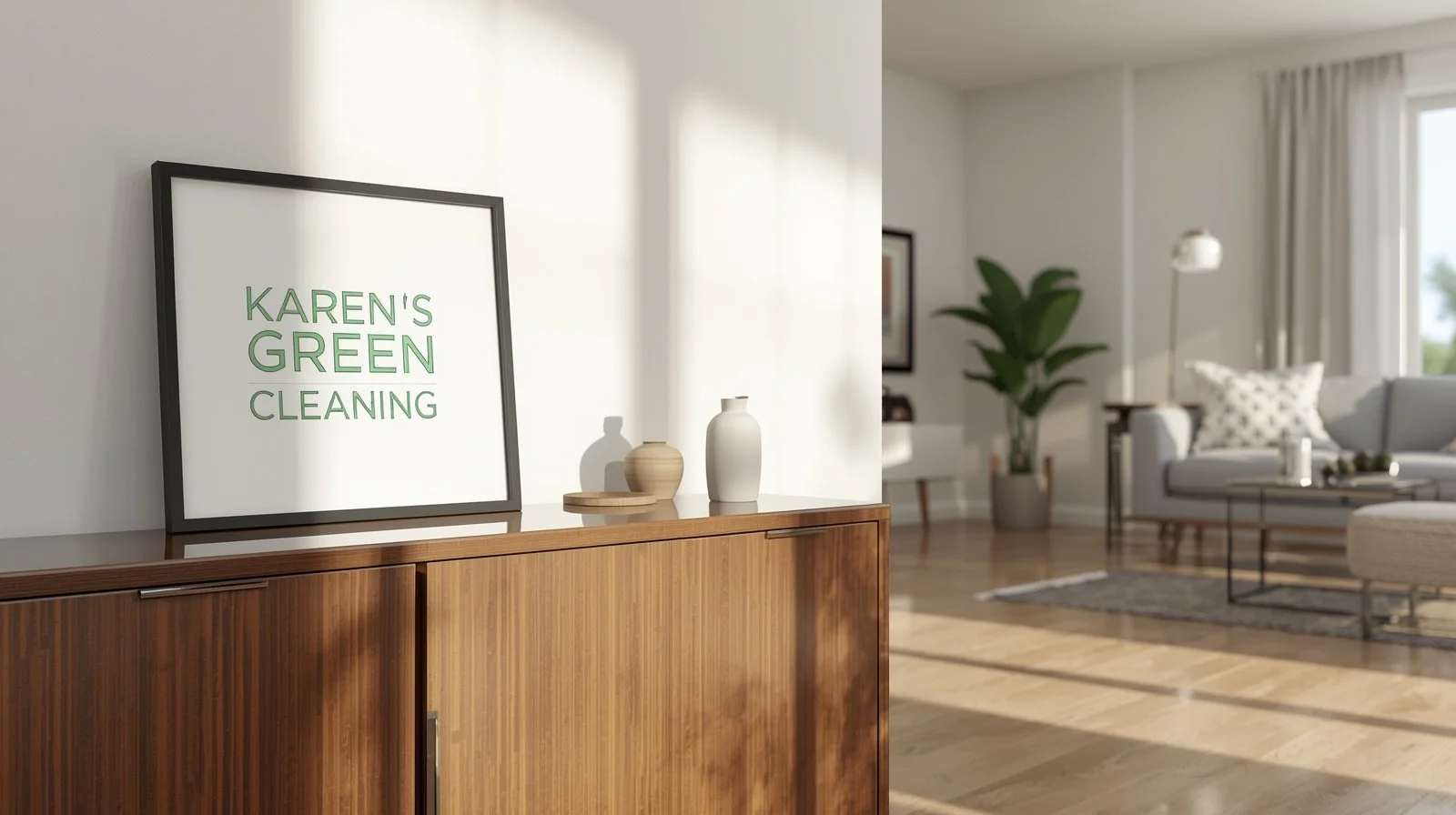 Freshly cleaned living room in East Midway St. Paul with Karen’s Green Cleaning signage displayed.