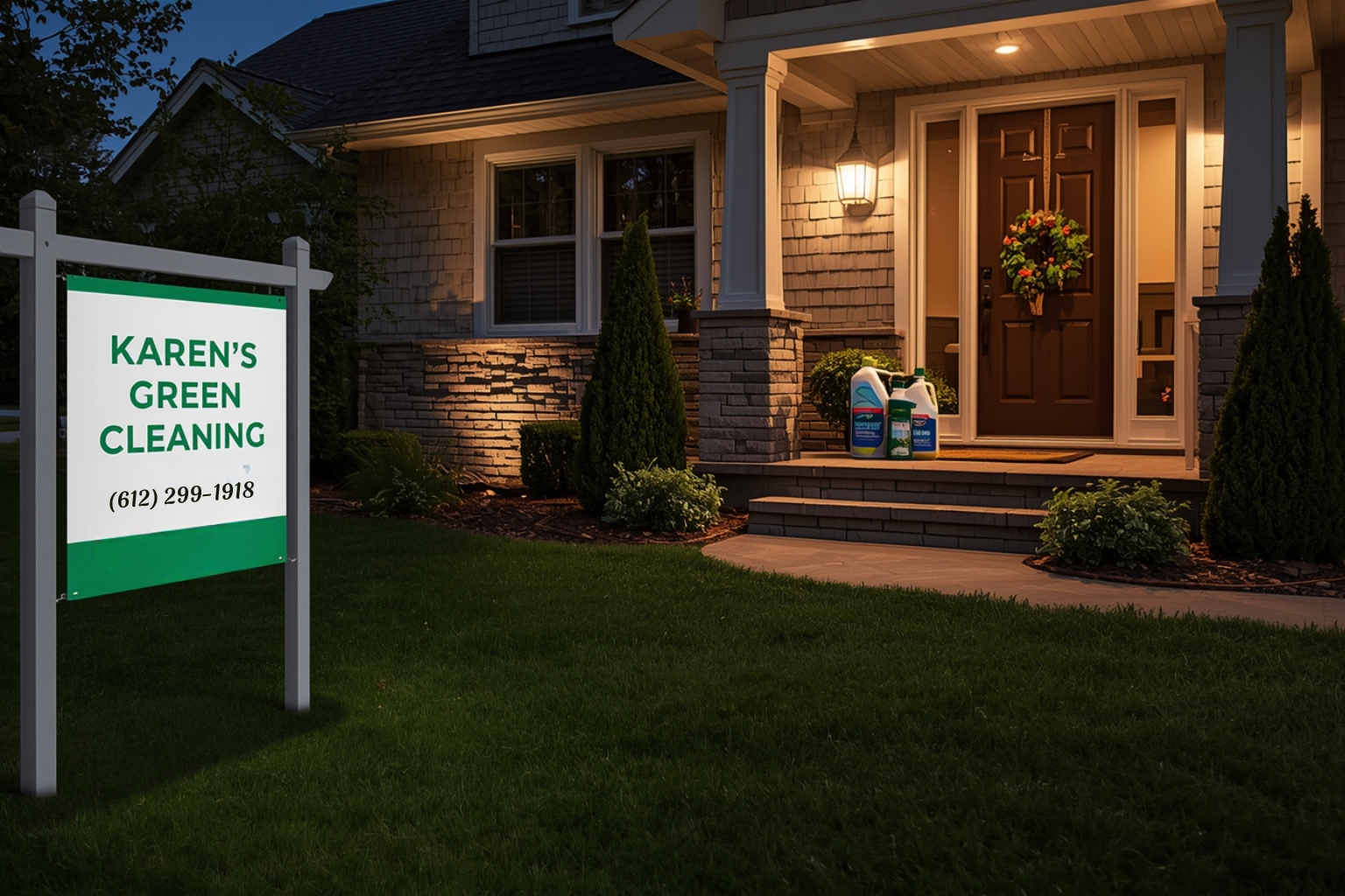 Karen’s Green Cleaning sign displayed outside a Rockford, Minnesota home.