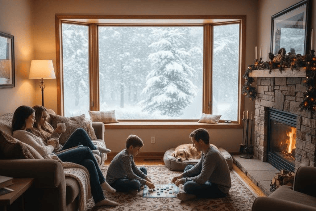 Family relaxing inside a cozy Minnesota home during heavy snowfall, with warm lighting and snow-covered windows, 4K realism.