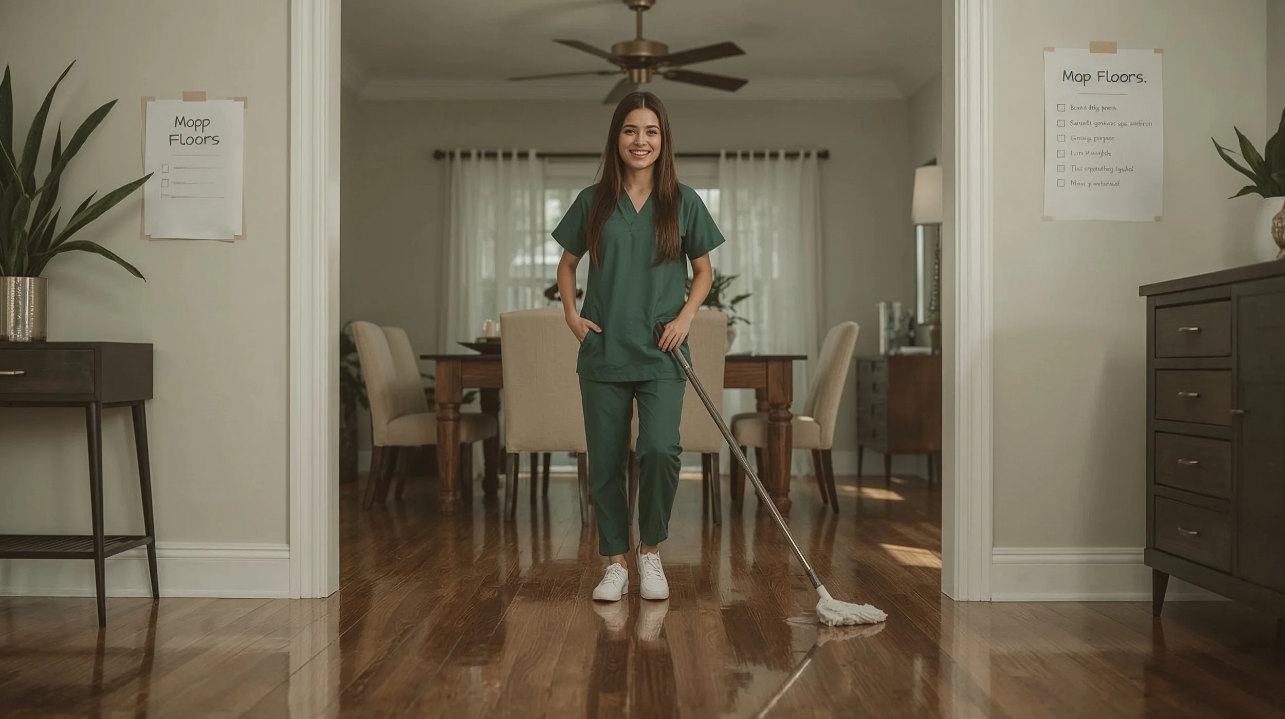 Peruvian woman mopping dining room floors as part of a basic cleaning checklist.