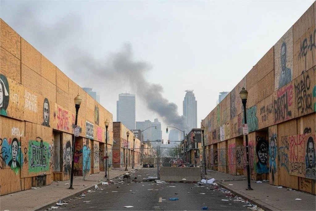 “Boarded storefronts and murals near Chicago Avenue during unrest.”