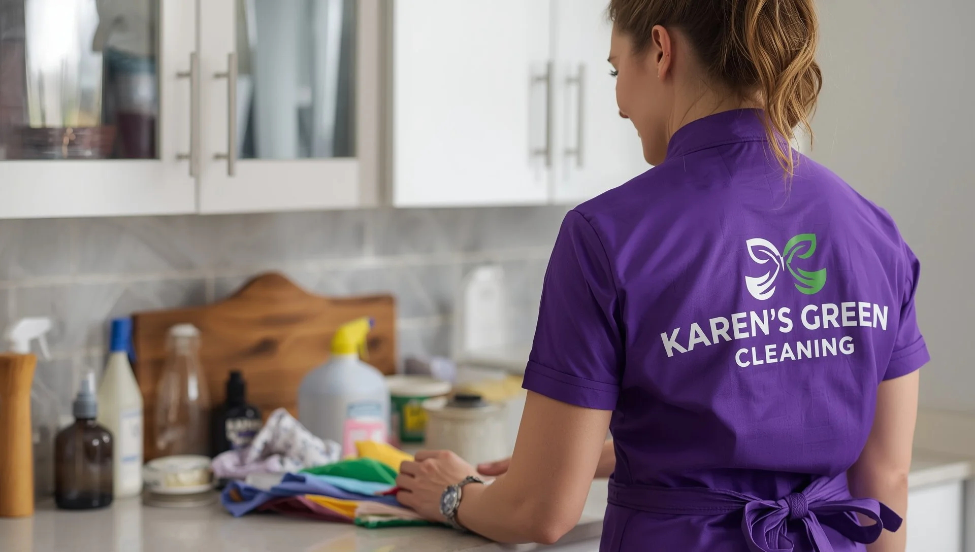 Karen’s Green Cleaning maid organizing eco-safe cleaning supplies in a Waconia, Minnesota home.