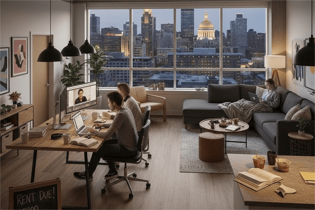 Minneapolis students in a modern apartment showcasing high student housing costs.