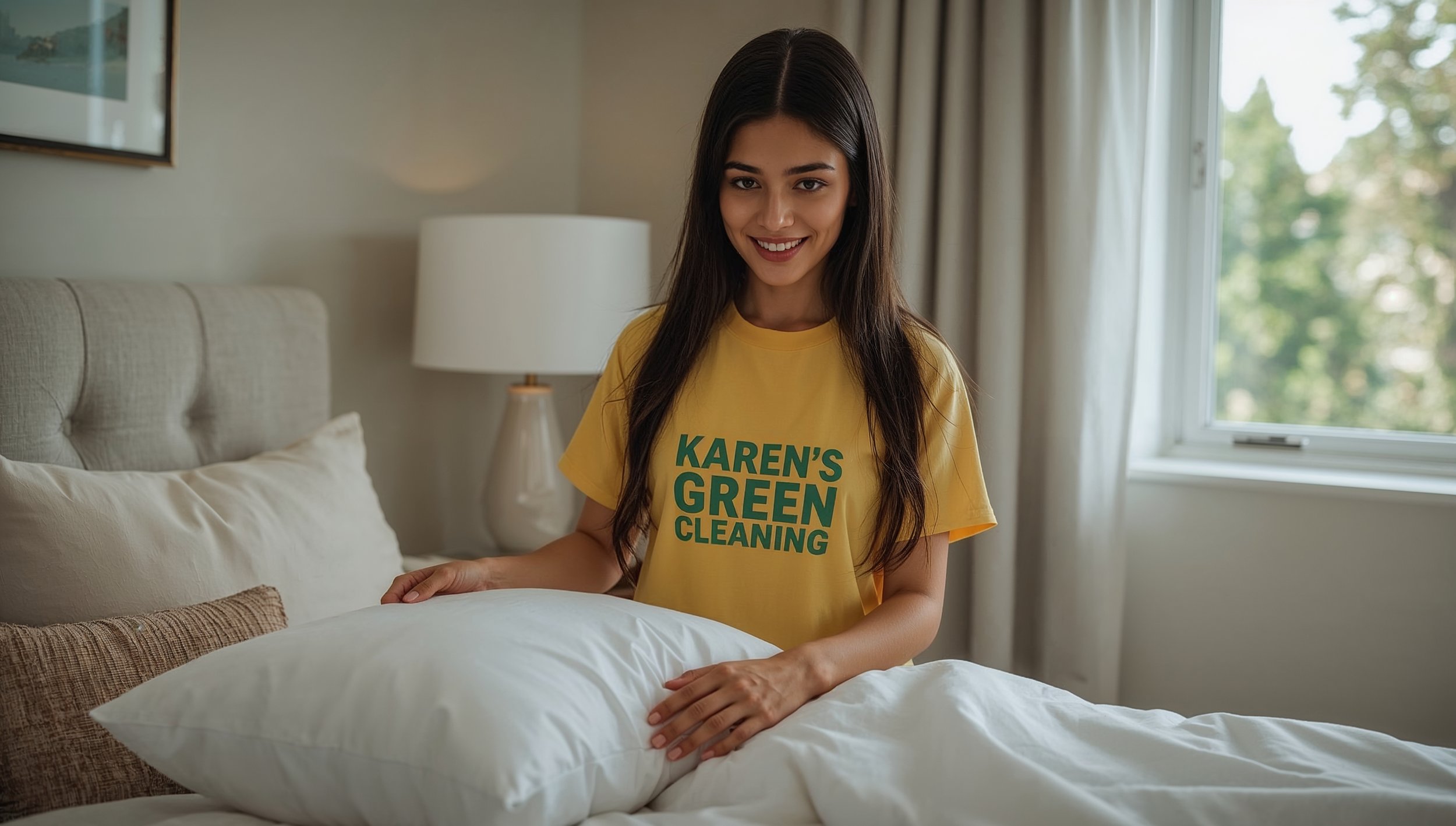 Karen’s Green Cleaning professional refreshing a bedroom inside a St. Paul home near Lake Phalen.