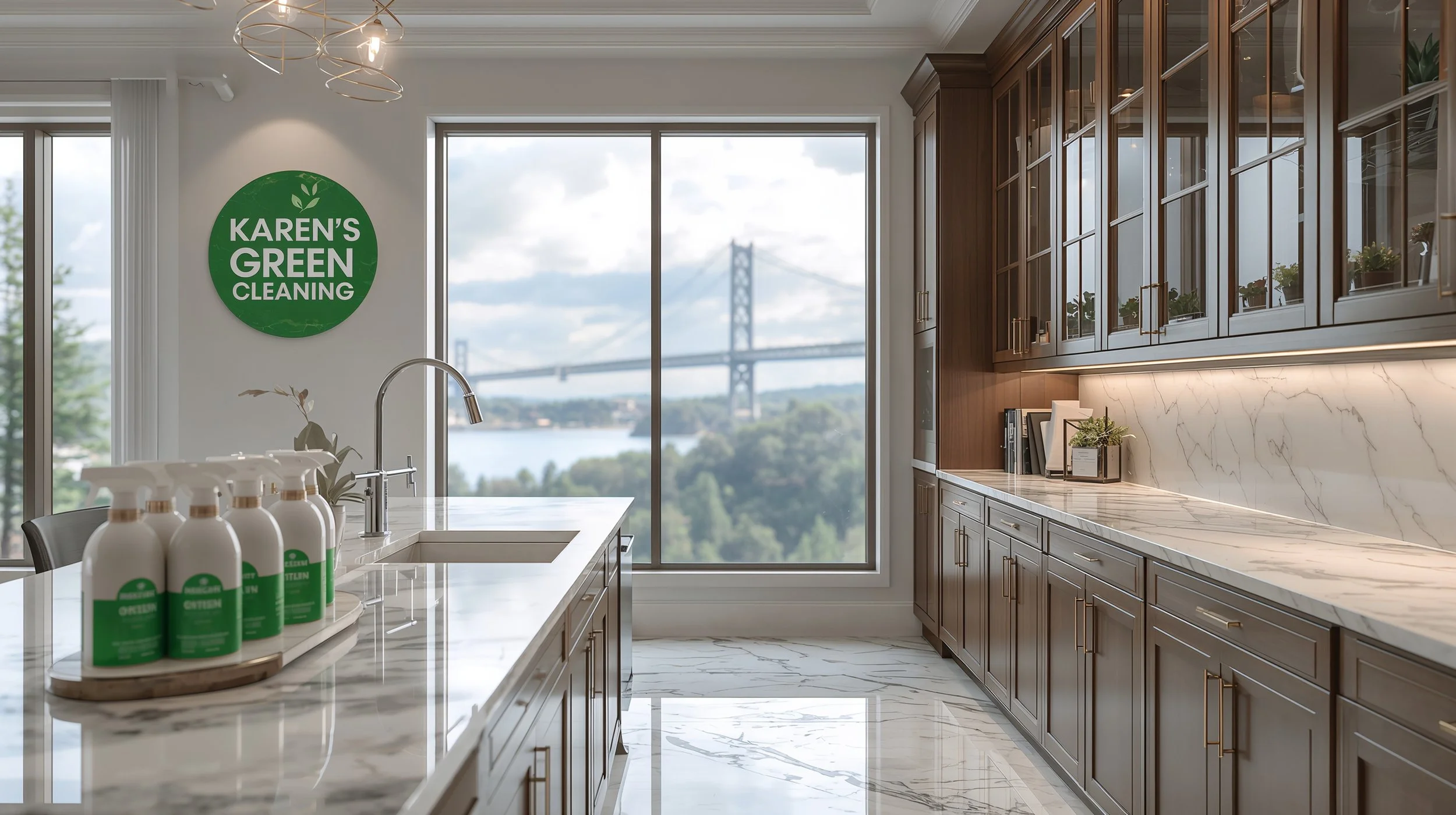 Freshly cleaned luxury interior with Karen’s Green Cleaning sign and St. Croix River glimpse Stillwater