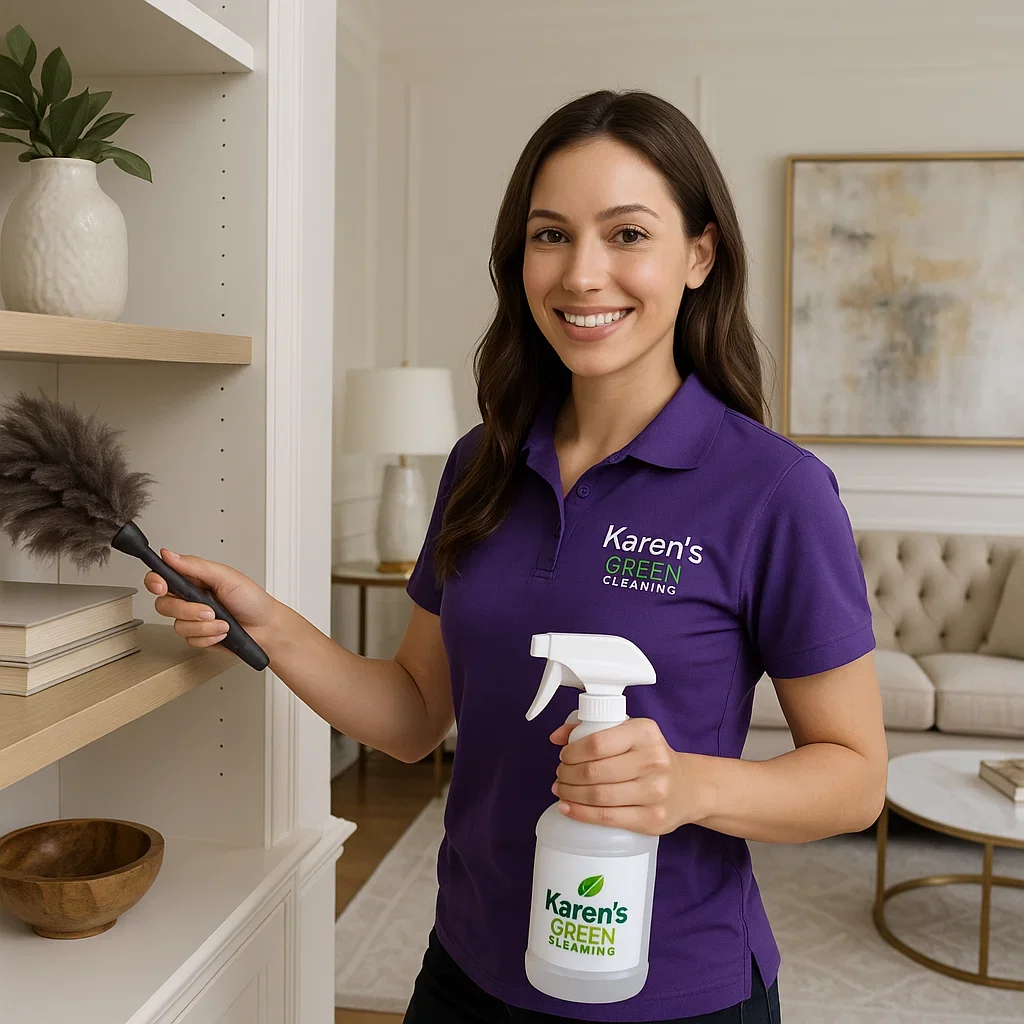 Beautiful female cleaner in a purple Karen’s Green Cleaning uniform working inside a modern Woodbury, Minnesota home.