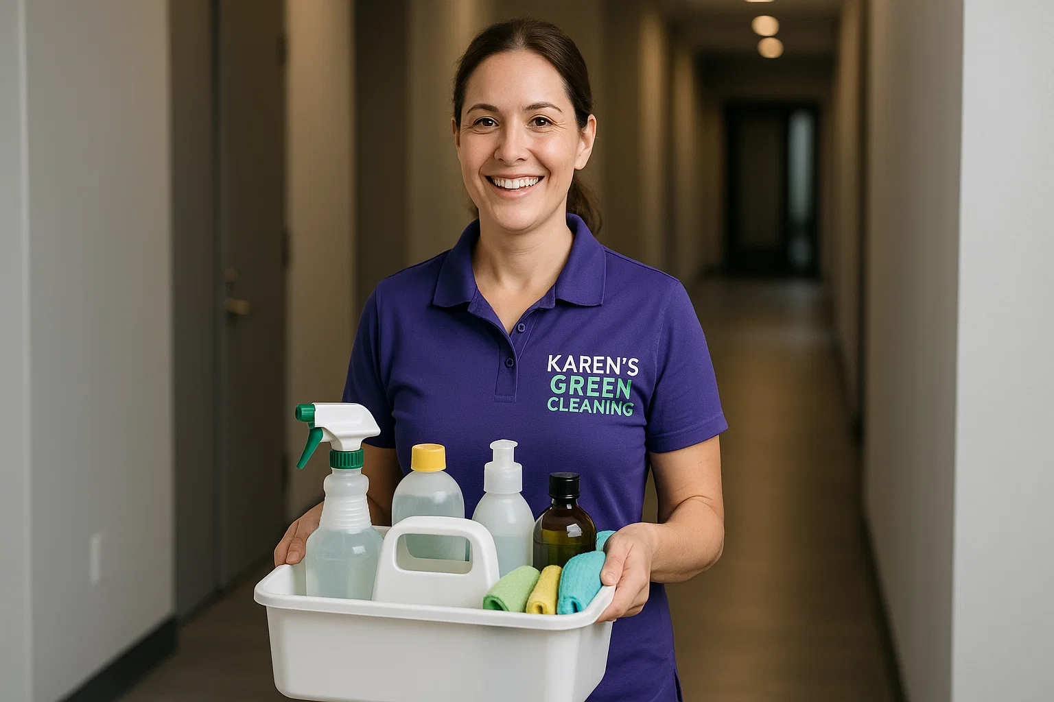 "Female cleaner in purple uniform with Karen's Green Cleaning logo carrying cleaning supplies down a hallway in West St. Paul, Minnesota."