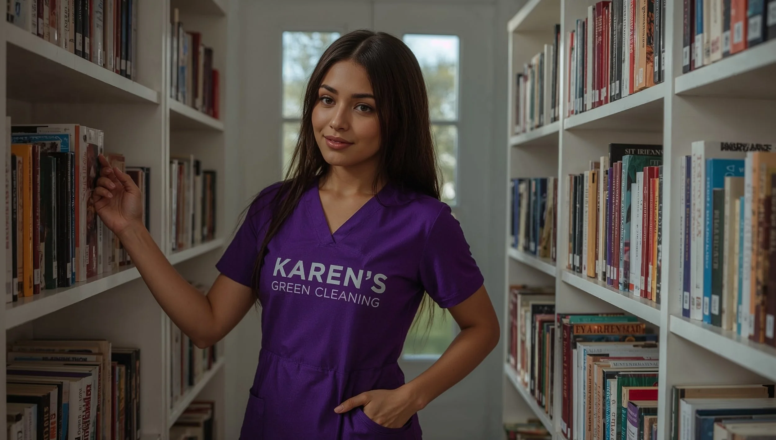 Peruvian cleaner dusting shelves in a North of Maryland St. Paul home.
