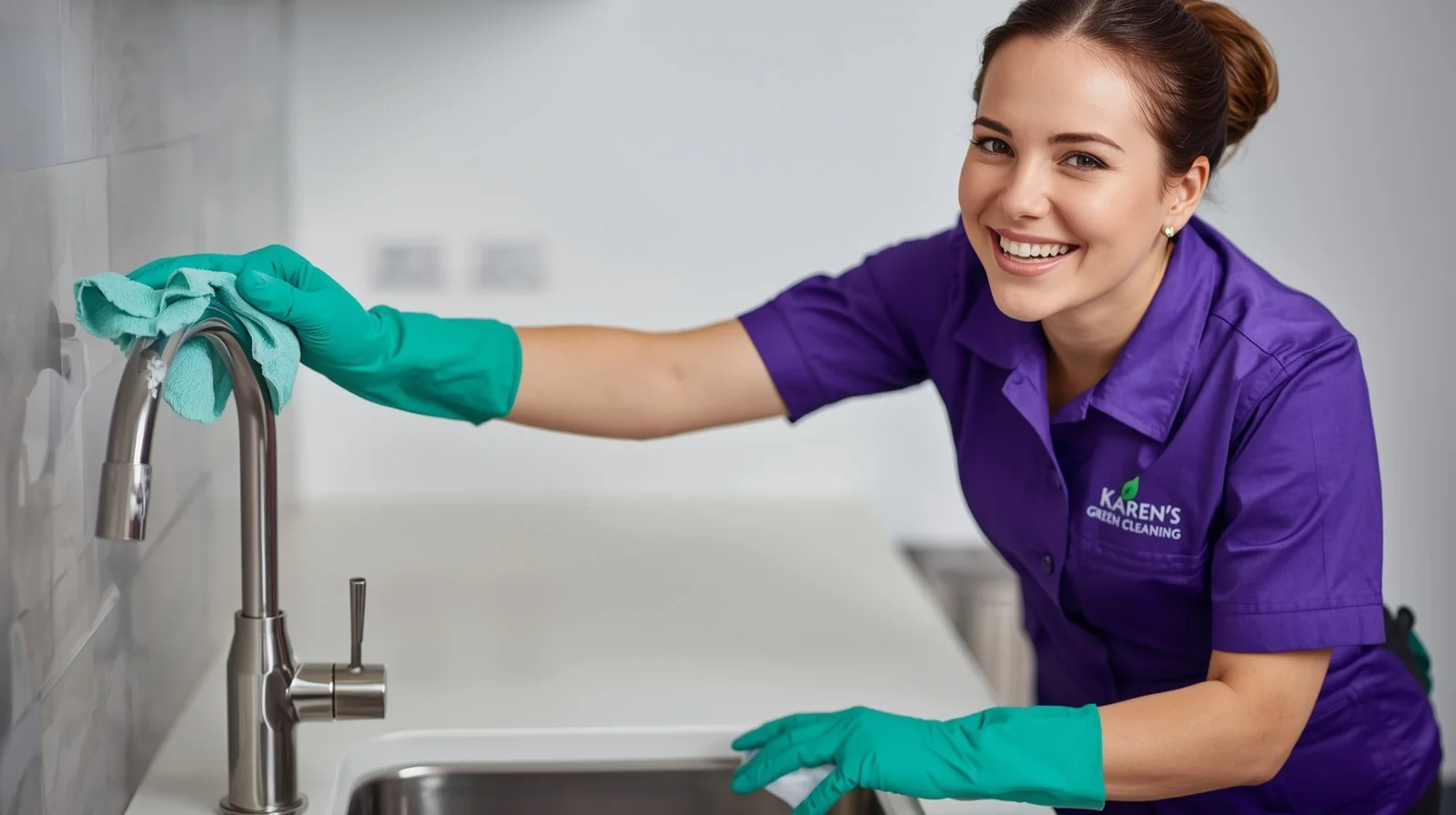 Karen’s Green Cleaning expert cleaning a kitchen faucet with a smile.