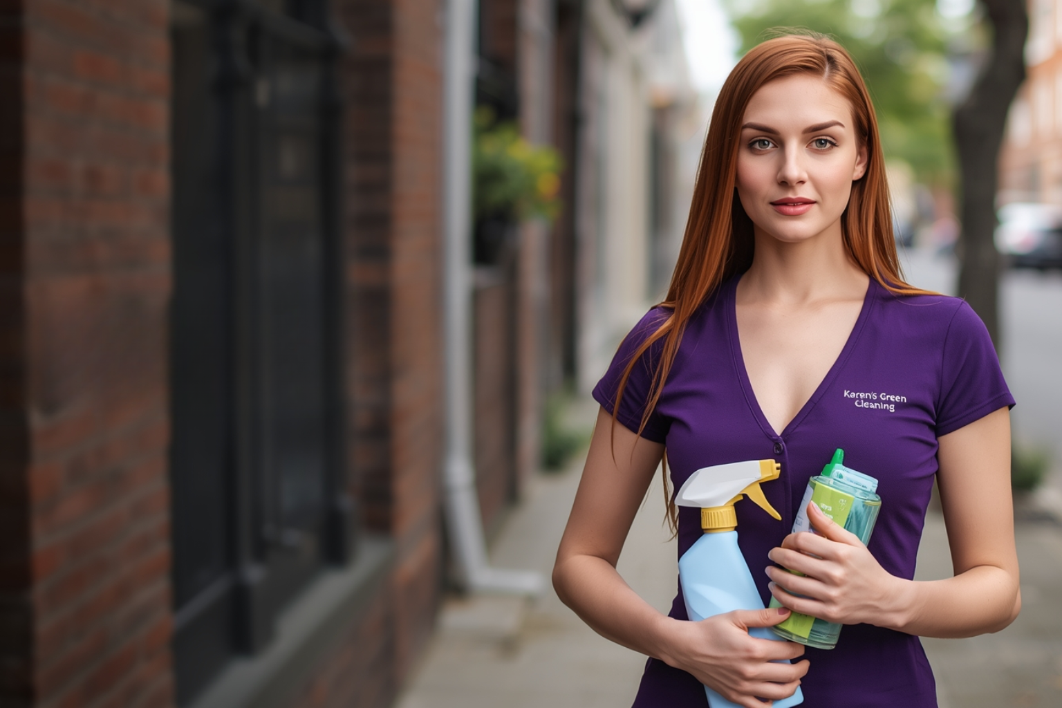 Smiling cleaner in purple Karen’s Green Cleaning uniform on an Osseo historic street