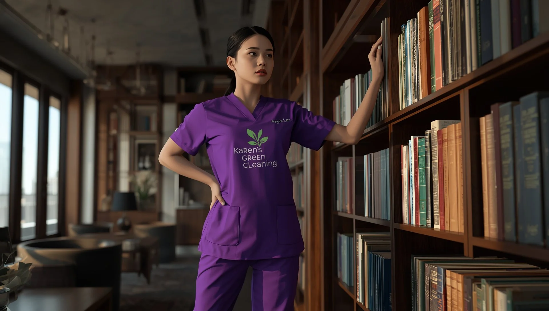 East Asian cleaning professional in purple Karen’s Green Cleaning uniform organizing bookshelves with logo visible.