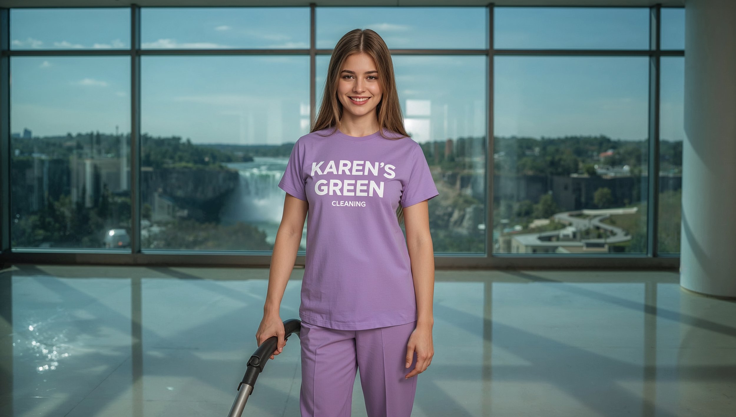 female cleaner in purple uniform vacuuming a modern lobby with Minnehaha Falls visible through windows.