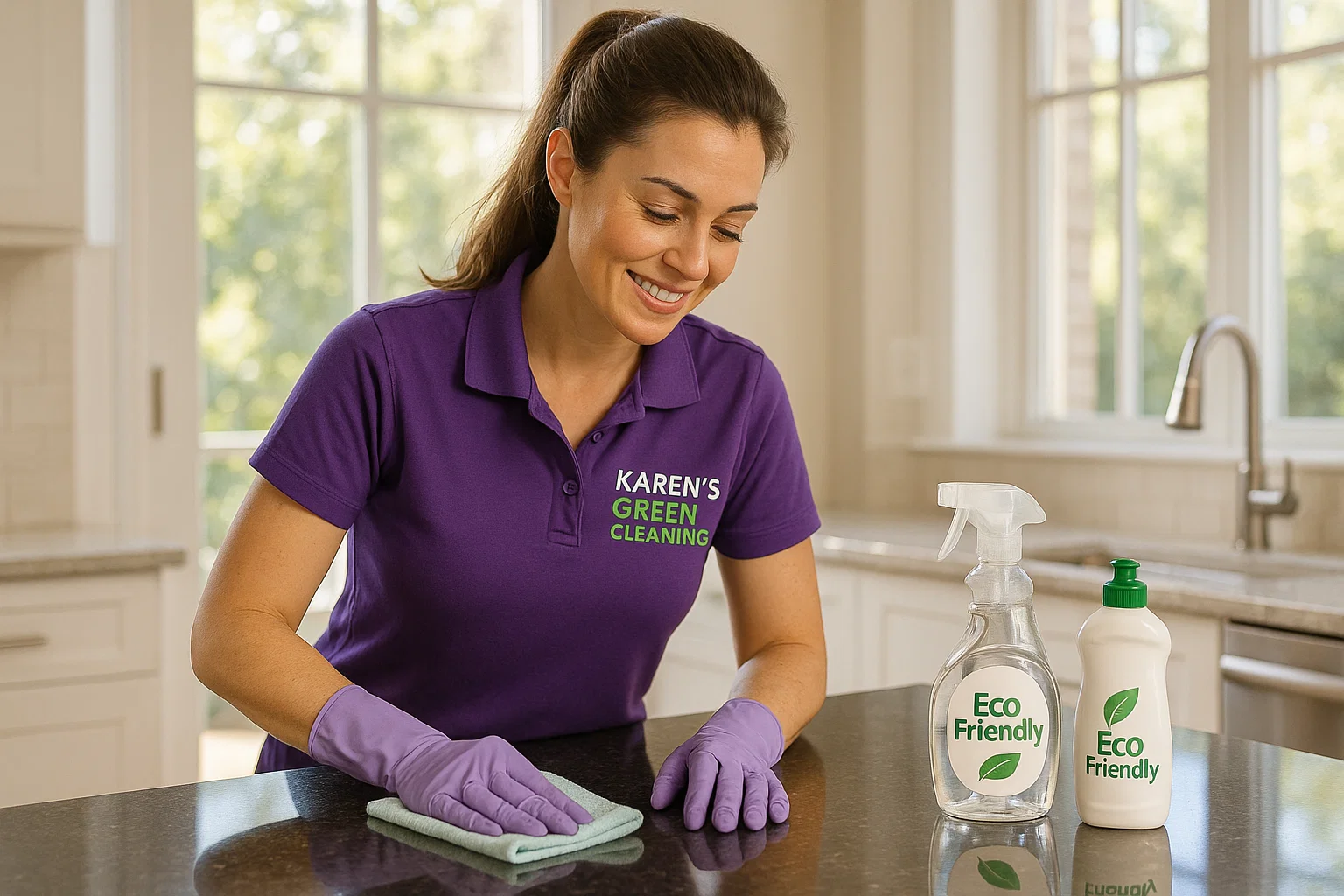 "Professional female cleaner in purple uniform with Karen's Green Cleaning logo polishing a sunny kitchen counter in White Bear Lake, Minnesota."